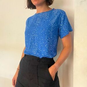 Vintage blue and white print blouse